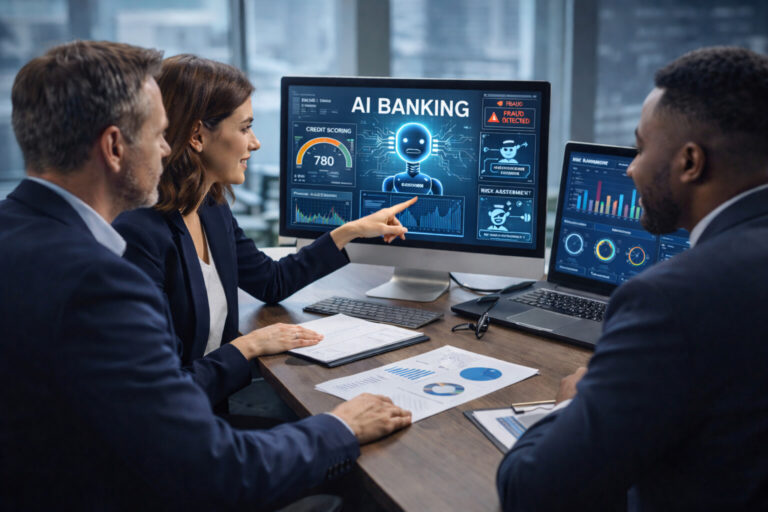 professionnels analysant les données bancaires ia